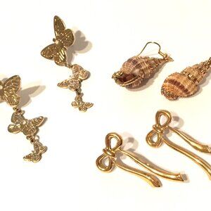 Three Pairs Summer Goldtone Statement Earrings